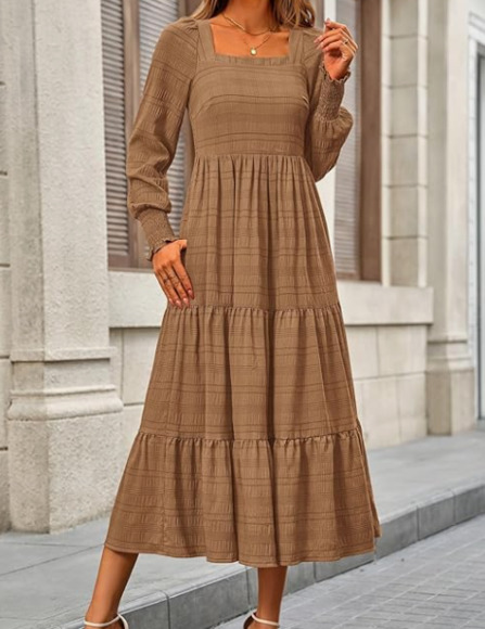 Women's Fall Dresses 2025 Puff Long Sleeve Square Neck Dress High Waist Smocked - Picture 1 of 9